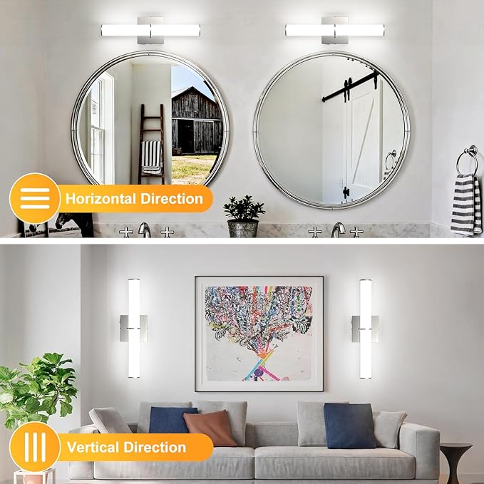 OOWOLF 17.3" Modern Vanity Light Fixture with Switch, 12W 5000K Led Bathroom Light Fixture Over Mirror, Hardwired, Brushed Nickel 1200LM Vanity Light Bar for Mirror Bedroom Hallway Living Room 2Pack