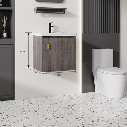 20'' Bathroom Vanity with Ceramic Sink Combo, Wall Mounted Small Bathroom Vanity with Soft-Close Door Modern Floating Cabinet, Pop-up Drain, P-Trap Included, GreyWalnut(No Faucet)