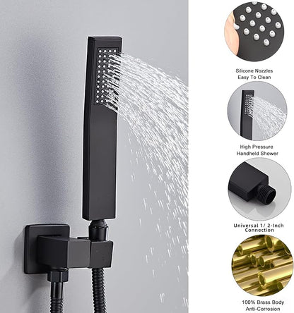 Black square hand shower head, handheld shower head with hose,brass High pressure flushing With adjustable water supply elbow Wall mount connector Shower bracket and hose set