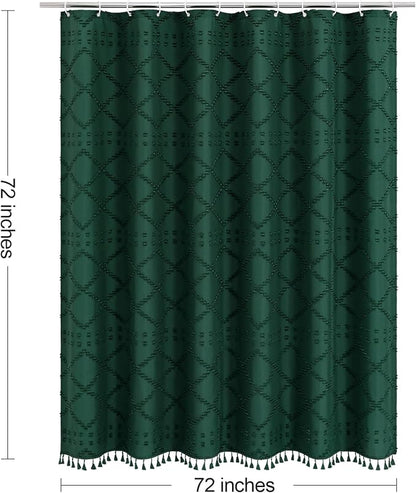Dark Green Boho Fabric Shower Curtain with Tassel 72x72, Tufted Textured | Modern Farmhouse Curtain for Bathroom, Standard Bathroom Curtain, Minimalist Decor, Waterproof