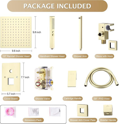 Rain Shower System, 10''Square Rain Head,2-Spray Handheld, Gold | 2 Spray Functions,Anti-Tangle Explosion-proof PVD Hose,Balance Temp Valve,Rust-proof & Scratch-resistant