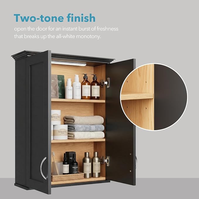 VANIRROR Bathroom Wall Mounted Cabinet with Motion Sensor Light | 23.6 x 28 x 8.3 in Black Over Toilet Medicine Cabinet, 2-Door Wood Storage Cabinet with Adjustable Shelves, Soft Close Hinges