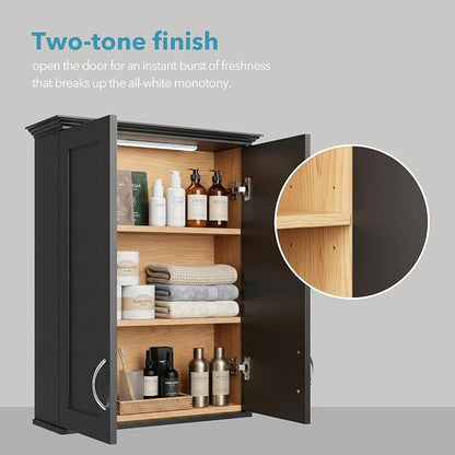 VANIRROR Bathroom Wall Mounted Cabinet with Motion Sensor Light | 23.6 x 28 x 8.3 in Black Over Toilet Medicine Cabinet, 2-Door Wood Storage Cabinet with Adjustable Shelves, Soft Close Hinges