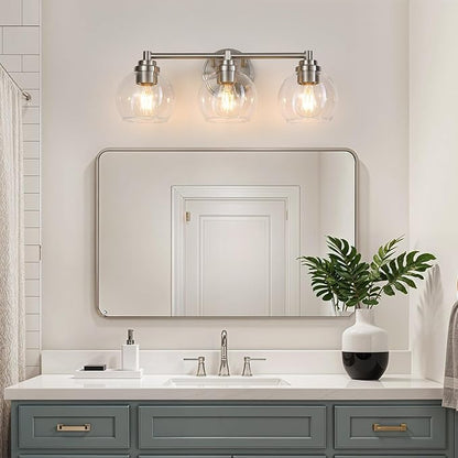 Upgrade 3-Light Bathroom Light Fixtures, Modern Vanity Light with Globe Glass Shade, Brushed Nickel Bathroom Lights Over Mirror, Vanity Lights for Bathroom Bedroom Hallway Living Room