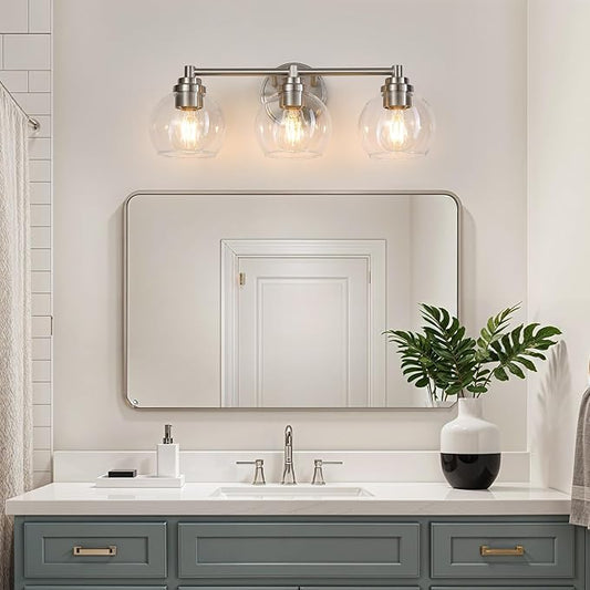 Upgrade 3-Light Bathroom Light Fixtures, Modern Vanity Light with Globe Glass Shade, Brushed Nickel Bathroom Lights Over Mirror, Vanity Lights for Bathroom Bedroom Hallway Living Room
