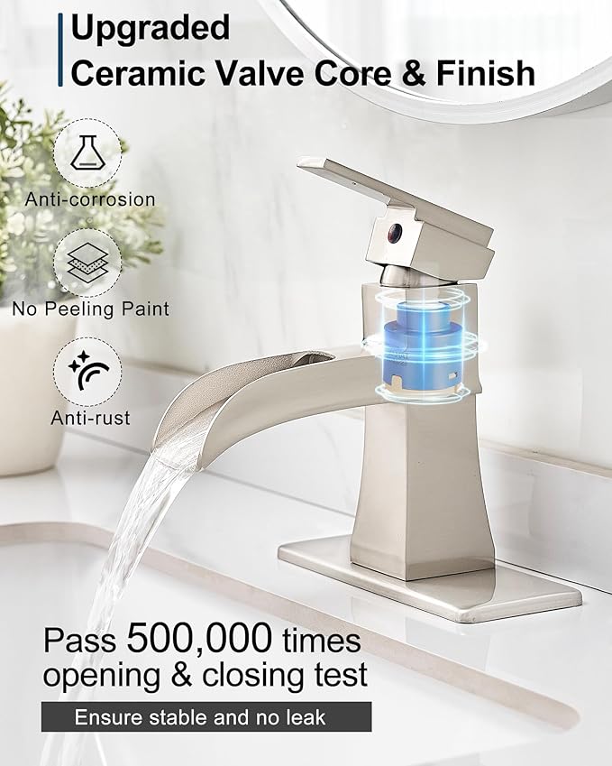 Waterfall Bathroom Sink Faucet, Brass Brushed Nickel Bathroom Faucet One Handle, 4 Inch Single Hole or 3 Holes with Pop-Up Drain, Supply Hoses & Deck Plate for Vanity Lavatory RV, 5 Mins Install