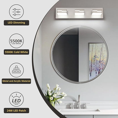 LED Modern Bathroom Vanity Light Fixtures 3-Light, 19 inch Dimmable Nickel Vanity Lights for Bathroom Lighting Fixtures Over Mirror, with 350°Rotatable Acrylic Heads(White Light 5500K)