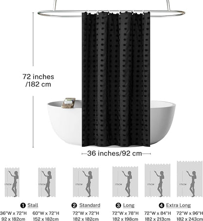 Small Stall Black Boho Shower Curtain Woven Fabric Cute Shower Curtain, 36 x 72 Tufted Pleat Floral Textured Modern Farmhouse Minimalist Shower Curtain Set with Hooks for Bathroom