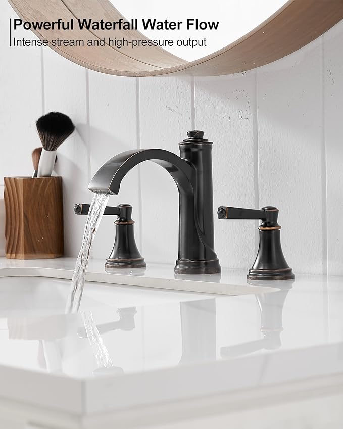 Waterfall Bathroom Faucet 3 Hole, 4-16 Inch Oil Rubbed Bronze Bathroom Faucet, Brass Bathroom Sink Faucet, 2 Handle Bathroom Faucets, Bathroom Vanity Faucet with Pop-Up Drain, Water Hoses