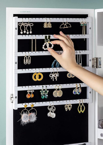 LUXFURNI 62.6" Standing Jewelry Armoire Cabinet with Storage Mirror | Built‑in LED Makeup Mirror, 3 Tilt Angles, 48H Runtime with 6AA Batteries, Acrylic Lipstick Tray, Engineered Wood for Bedroom