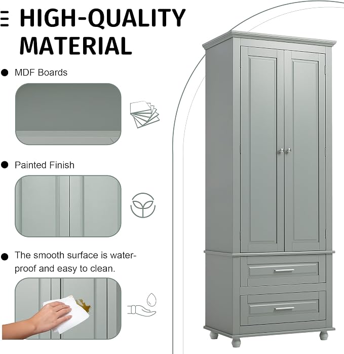 Merax 62.5" Pantry Cabinet with Two Doors & Two Drawers, Adjustable Shelves Storage Cupboard for Kitchen/Dining Room/Bathroom, Gray