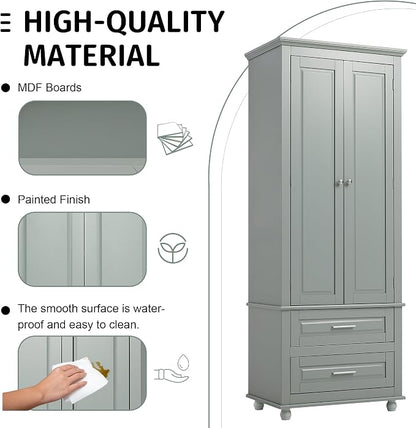 Merax 62.5" Pantry Cabinet with Two Doors & Two Drawers, Adjustable Shelves Storage Cupboard for Kitchen/Dining Room/Bathroom, Gray