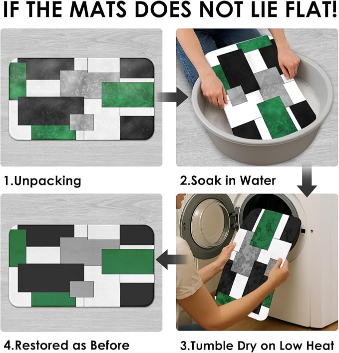 Bathroom Sets with Shower Curtain and Rugs, 4 Pcs, Geometric Green | Checkered Abstract Bathroom Decor Set with Toilet Lid Cover, Non-Slip Bath Mats and Accessories 12 Hooks