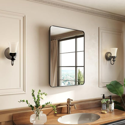 24x32 in Medicine Cabinet with Mirror for Bathroom, Matte Black | Fully Assembled; Recessed or Surface Wall Mount; Metal Cabinet with Tempered Glass Mirror and Two Adjustable Glass Shelves