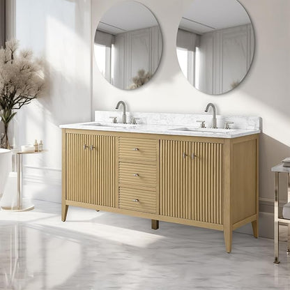 Vanity Art 60 inch Oak Bathroom Vanity with Double Sink & Ceramic Top, Vanity Cabinet with Soft-Closing Door, Solid Wood Frame, Linear Pattern, Natural Oak, VA9160-DNO-MB,Matte Black Handles