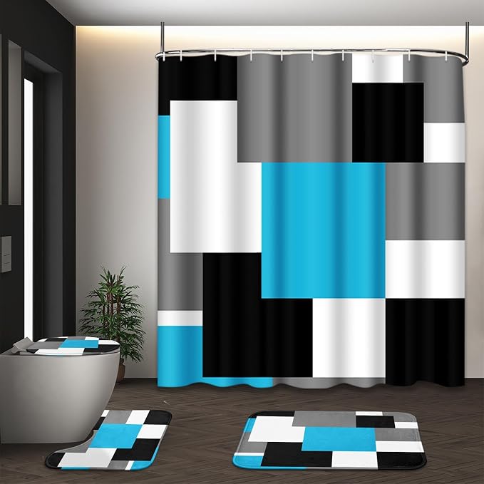 Bathroom Sets with Shower Curtain and Rugs, 4 Pcs, Blue Geometric | Checkered Modern Abstract Bathroom Decor Set with Toilet Lid Cover, Non-Slip Bath Mats and Accessories 12 Hooks