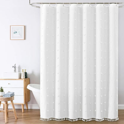 LilyCat White Farmhouse Tufted Floral Shower Curtain with Tassel, 72" x 84" | Waterproof Boho Fabric Shower Curtain Set with Hooks, Cute Rustic Vintage Bathroom Décor, Minimalist Cloth Bathroom Curtain