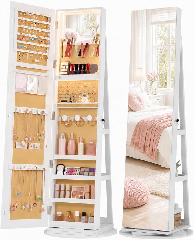 Vlsrka 360° Swivel Mirror Jewelry Cabinet, Lockable Jewelry Armoire, White | Standing Jewelry Cabinet with Lights, Framelss Mirror with Storage, Foldable Makeup Shelf, Interior Mirror, Gift for Women