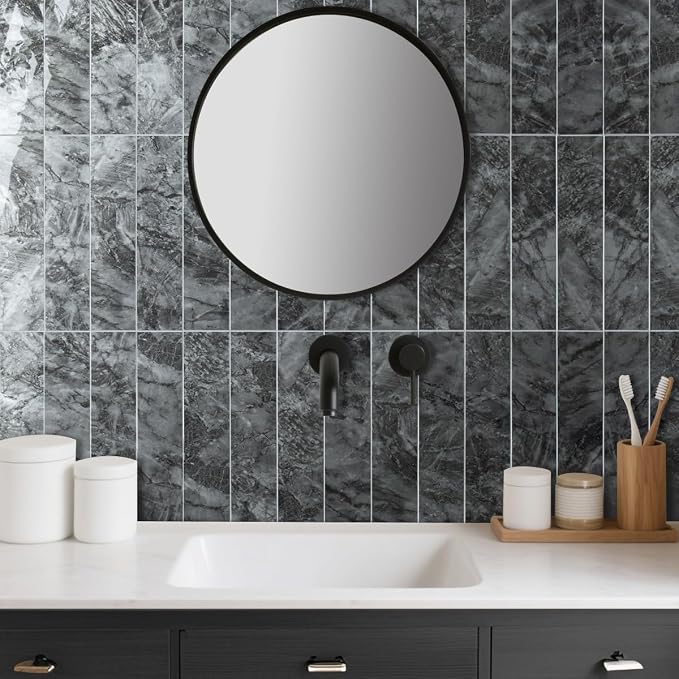 AULIGET 4-Piece Polished Dark Grey Marble Peel and Stick Backsplash Wall Tiles, 3" x 12" PVC Faux Stone Stick on Tiles for Backsplash Kitchen, Bathroom, Laundry Room, Camper, Fireplace