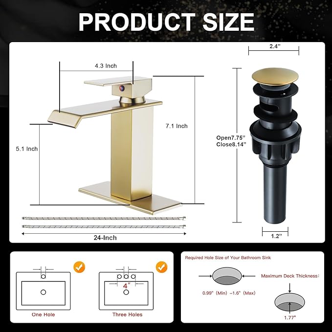 Brushed Gold Bathroom Faucet, Waterfall Bathroom Sink Faucet, Single Hole Deck Mounted Single Handle Lavatory Vanity with Pop Up Drain Parts Mixer Tap Basin Modern Bath