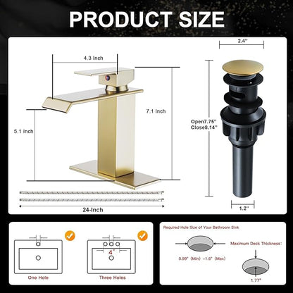 Brushed Gold Bathroom Faucet, Waterfall Bathroom Sink Faucet, Single Hole Deck Mounted Single Handle Lavatory Vanity with Pop Up Drain Parts Mixer Tap Basin Modern Bath