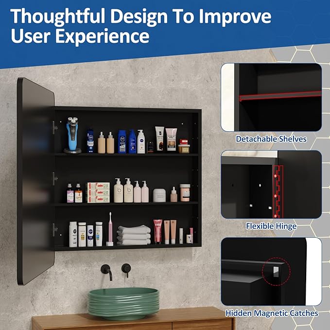 ACEMIRO 40x30 Inch Black Medicine Cabinet Mirror Metal Framed Recessed Bathroom Medicine Cabinets with Mirror and Storage Wall Mounted
