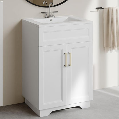 OLD CAPTAIN Bathroom Vanity with Ceramic Sink, Wooden Double Door Bathroom Storage Vanity with 24 Inch, Milky White Finish