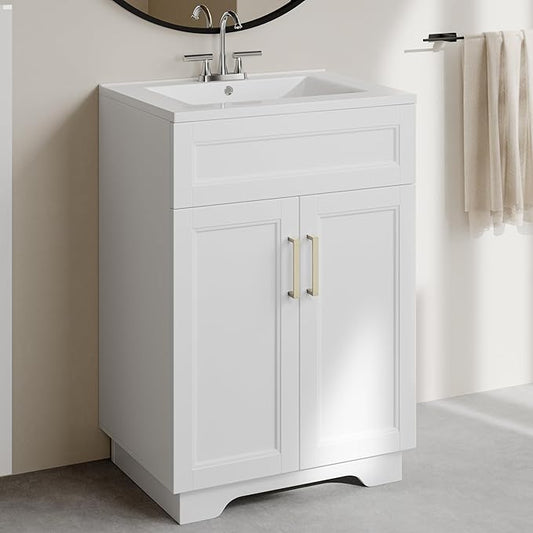 OLD CAPTAIN Bathroom Vanity with Ceramic Sink, Wooden Double Door Bathroom Storage Vanity with 24 Inch, Milky White Finish