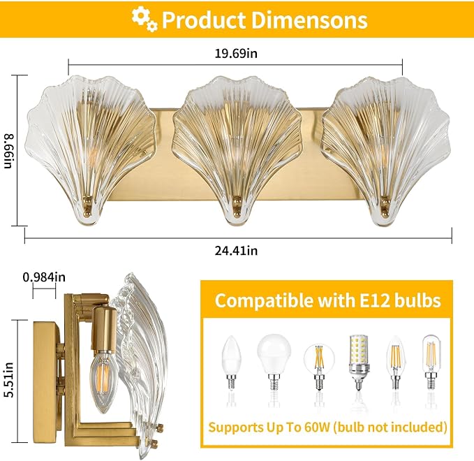 Bathroom Light Fixtures, 3-Lights Vanity Lights Over Mirror, Modern Bathroom Wall Light with Clear Shell Shaped Glass Shades, Gold Wall Sconces for Bedroom Living Room Kitchen Hallway