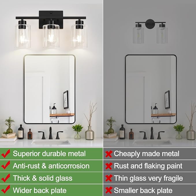 3-Light Bathroom Light Fixtures, Modern Black Vanity Light with Clear Glass Shades for Bathroom Vanity Lighting