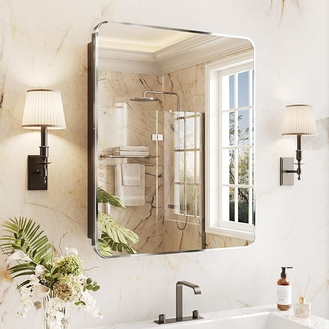 Medicine Cabinet Mirror 24x30 Inch, Chrome Bathroom Mirror Cabinet with Stepless Adjustable Shelves, Stainless Steel Frame, Bathroom Mirror with Storage Recessed or Wall Mount