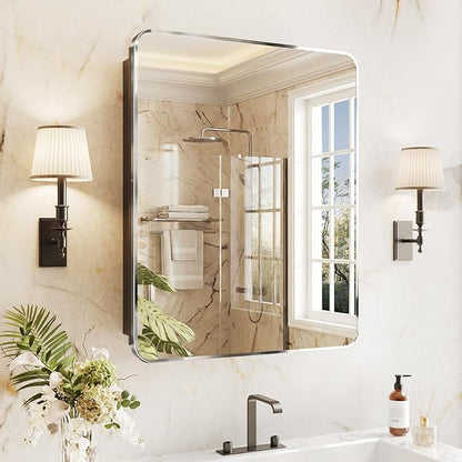 Medicine Cabinet Mirror 24x30 Inch, Chrome Bathroom Mirror Cabinet with Stepless Adjustable Shelves, Stainless Steel Frame, Bathroom Mirror with Storage Recessed or Wall Mount