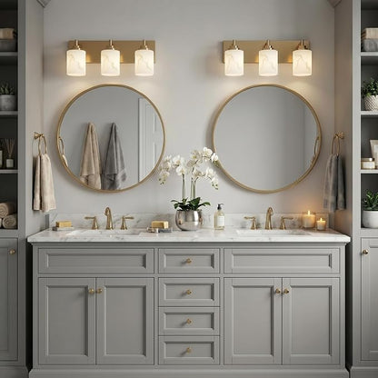 3-Light Bathroom Light Fixture, Gold Modern Vanity Light with White Marble Glass Shade, for Bathroom Mirror, Living Room, Bedroom, Hallway, E26 Base, Extended Base