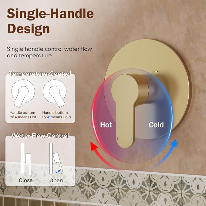 Tub Shower Faucet, Gold Shower Faucet Set with 6" Shower Head | All-Metal Bathroom Rainfall Showerhead and Bathtub Spout, Single-Handle Wall Mounted Tub Shower-Trim Kit Included Valve