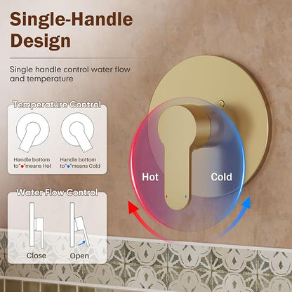 Tub Shower Faucet, Gold Shower Faucet Set with 6" Shower Head | All-Metal Bathroom Rainfall Showerhead and Bathtub Spout, Single-Handle Wall Mounted Tub Shower-Trim Kit Included Valve