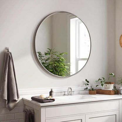 Big Circle Mirror 34 inch, Nickel Round Mirror, Brushed Metal Frame | Brushed Silver Metal Frame, High Definition Mirror, Easy installation, Suitable for Bedroom, Hallway, Entryway, Living Room