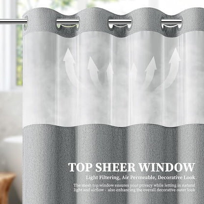 Grey Ringless Linen Textured Shower Curtain with Snap in Liner, 72x75 | 3 in 1 Hotel Shower Curtain Set, Removable Liner, Waterproof & Washable, Mesh Top Window, Durable Fabric, Easy to Install