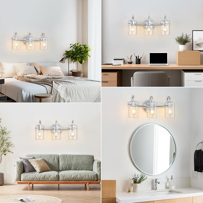 3 Lights Vanity Light, Bathroom Wall Light Fixture Over Mirror | Modern Metal Wall Sconce with Clear Glass Shade, Farmhouse Wall Mount Lamp for Washroom, Bathroom Living Room, Workshop
