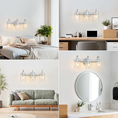3 Lights Vanity Light, Bathroom Wall Light Fixture Over Mirror | Modern Metal Wall Sconce with Clear Glass Shade, Farmhouse Wall Mount Lamp for Washroom, Bathroom Living Room, Workshop