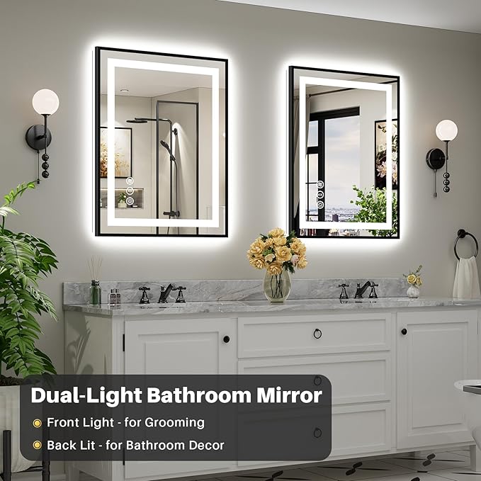 28X36 Inch LED Bathroom Mirror with Black Frame, Backlit & Front Lit, Anti-Fog Lighted Bathroom Vanity Mirror for Wall, Memory Function, Dimmable, HD Tempered Glass, Shatter-Proof