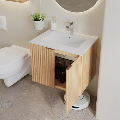 Modern Bathroom Vanity with Sink, Floating Wall Mount Cabinet with Wavy Textured Doors, Waterproof Storage for Small Bathroom, Soft-Close Design, Nature Wood (24")