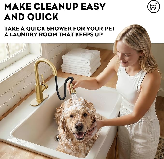 High Arc Pull-Down Bathroom Faucet, Brushed Gold Single Handle with Pull Out Sprayer & Pop-Up Drain, 1 or 3 Hole 2 Model RV Bar Laundry Utility Sink Faucet with Deck Plate, WE08CL-ZY-BG