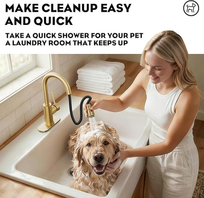 High Arc Pull-Down Bathroom Faucet, Brushed Gold Single Handle with Pull Out Sprayer & Pop-Up Drain, 1 or 3 Hole 2 Model RV Bar Laundry Utility Sink Faucet with Deck Plate, WE08CL-ZY-BG