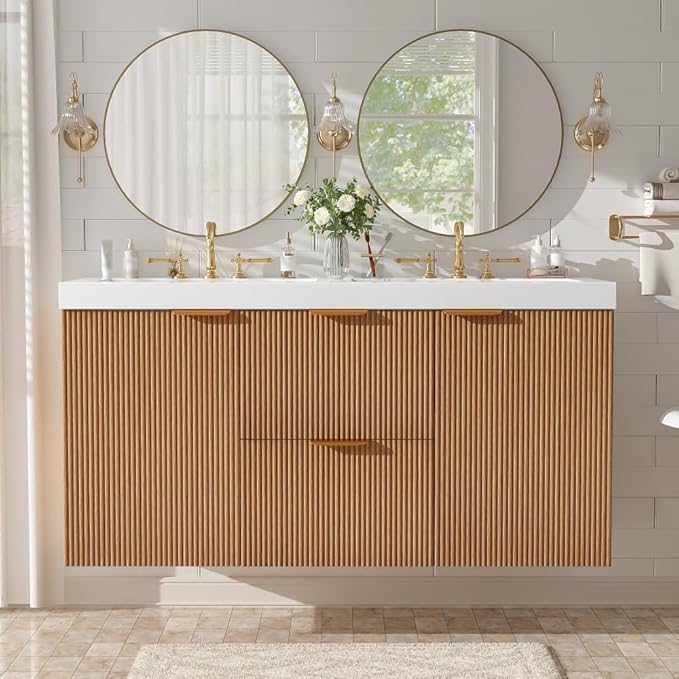 48 Inch Floating Bathroom Vanity with Thick SMC Countertop Double Sinks, Wall Mounted Bathroom Vanities Wood Grain Vanity for Bathrooms with 2 Soft-Close Doors 2 Fluted Drawers, Easy Assembly (Wood)