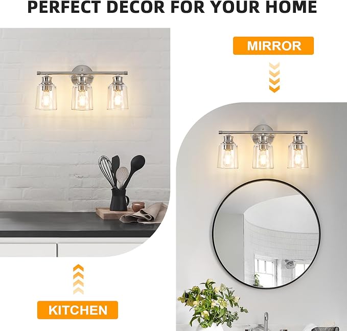 Bathroom Light Fixtures Over Mirror, 3 Lights Vanity Lights with Clear Glass Shade, 18.1" Brushed Nickel Farmhouse Bathroom Wall Light Fixtures for Bedroom, Hotel, Mirror Cabinet