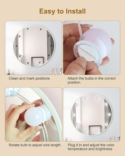 10 Bulbs LED Vanity Lights for Mirror, 3000K 4000K 6500K & 10-Brightness, Wire Length Adjustable, USB Cable, Hollywood Mirror Lights for Makeup Dressing Room Bathroom, White