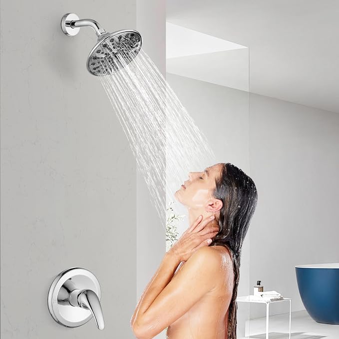 gotonovo Shower Faucet Set with Valve 6 Mode Rain Head Polished Chrome | Bathroom Shower Head and Handle Set Complete Combo,6 Mode Multi 6’’ ABS Rainfall Showerhead,Brass Valve Trim Kit,Wall Mount