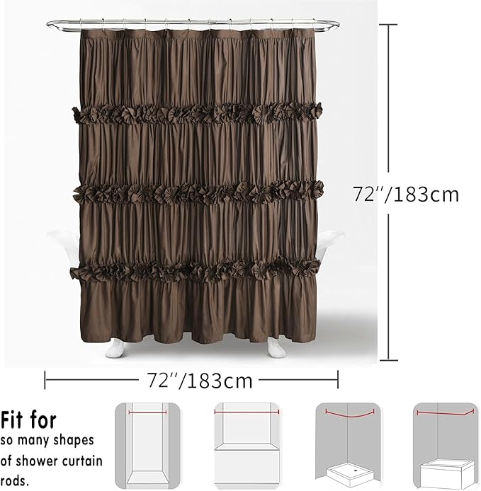 Homechoice Decor Victorian Chocolate Ruffle Shower Curtain 72" W x 72" H | Vintage Handcrafted Bow Tie Bath Curtain for Master Bathroom, Ruched Microfiber Bathroom Curtain with 12 Buttonholes (LQ-10)