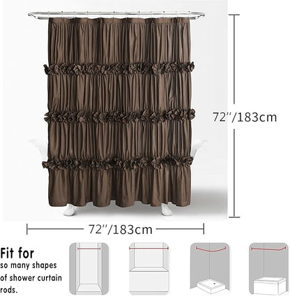 Homechoice Decor Victorian Chocolate Ruffle Shower Curtain 72" W x 72" H | Vintage Handcrafted Bow Tie Bath Curtain for Master Bathroom, Ruched Microfiber Bathroom Curtain with 12 Buttonholes (LQ-10)