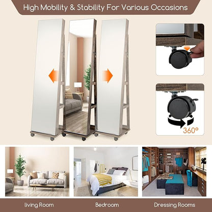 GOFLAME Jewelry Cabinet with Full Length Mirror, Lockable Jewelry Storage Organizer with Wheels, 3-Color LED Lights, Inner Mirror, Freestanding Jewelry Armoire with Rear Storage Shelves, Rustic Brown